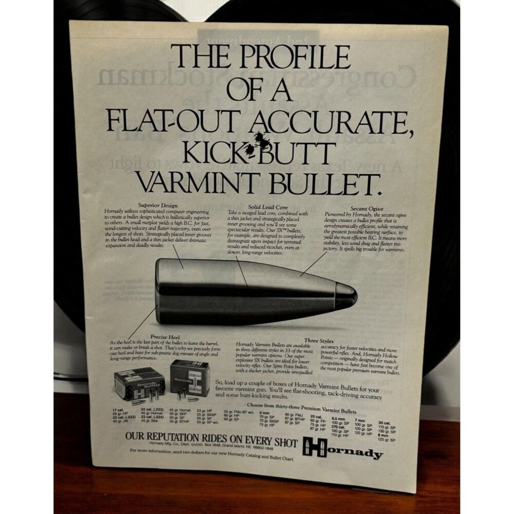 Hornady Varmint Bullets Vintage Print Ad 1990s Flat-Out Accurate Ammo Profile